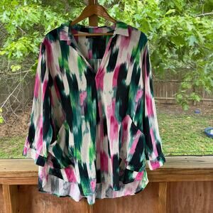For Cynthia Women's Linen Blend Colorful Abstract Print Top Size 1X